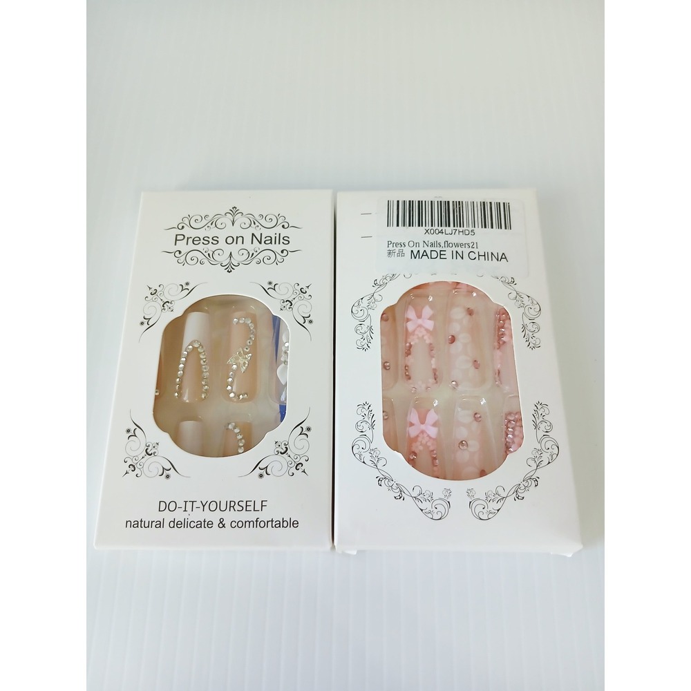 2 Pack Press On Nails 3D Floral Rhinestone Pink Nude Coffin Square Long DIY Set